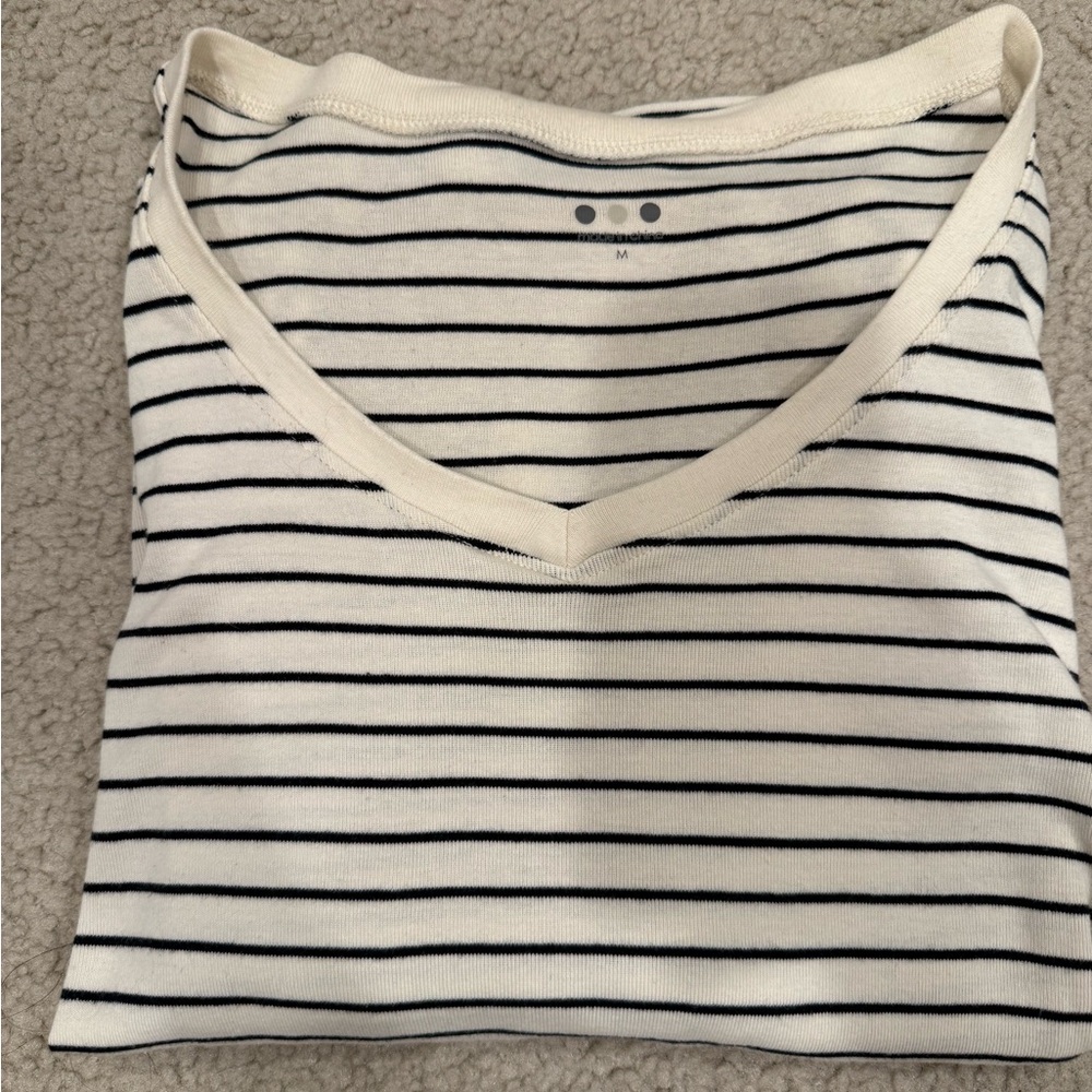 Three Dots Cream and Black Striped Long Sleeve Tee